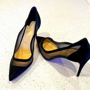 Like new Louboutins. Low black suede pump with mesh detail.